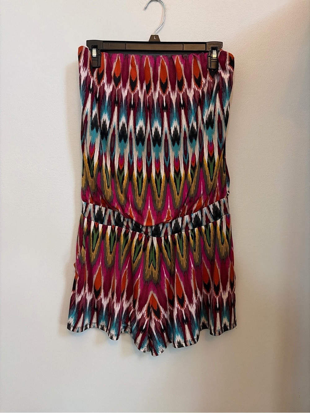 S-Twelve Multicolor Ikat Strapless Romper — Teal, Magenta & Cream